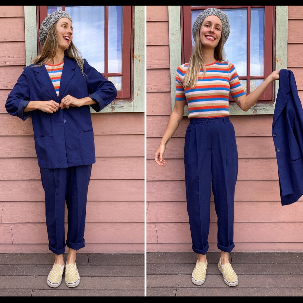 vintage 1980s Navy Blue Blazer & Trousers Pant Set Pant Suit - S / M